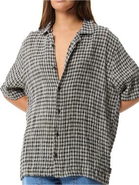 NWT Afends Seersucker Black and White Plaid Shirt